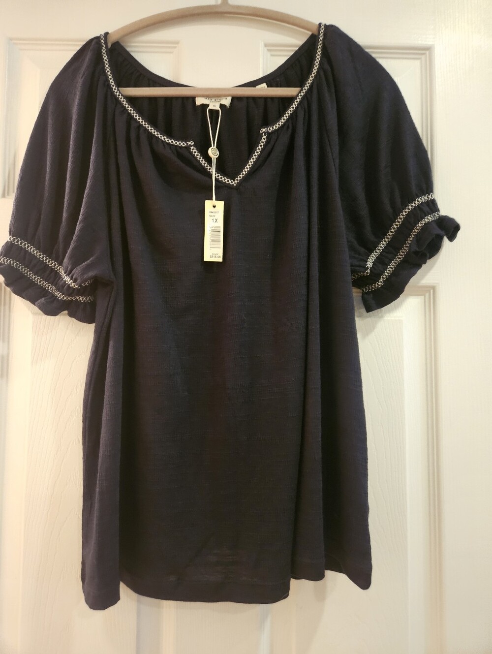 Women’s Navy Peasant Top with Chain Trim - 1X